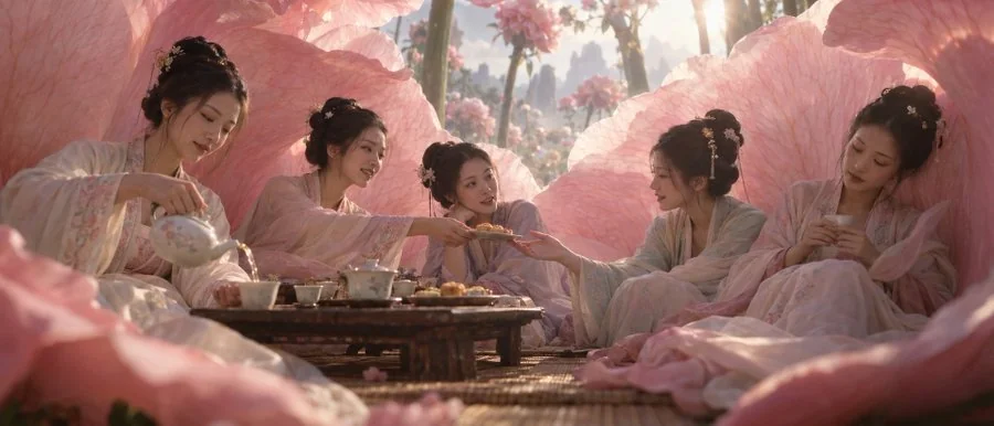 A tea room inside a giant peony