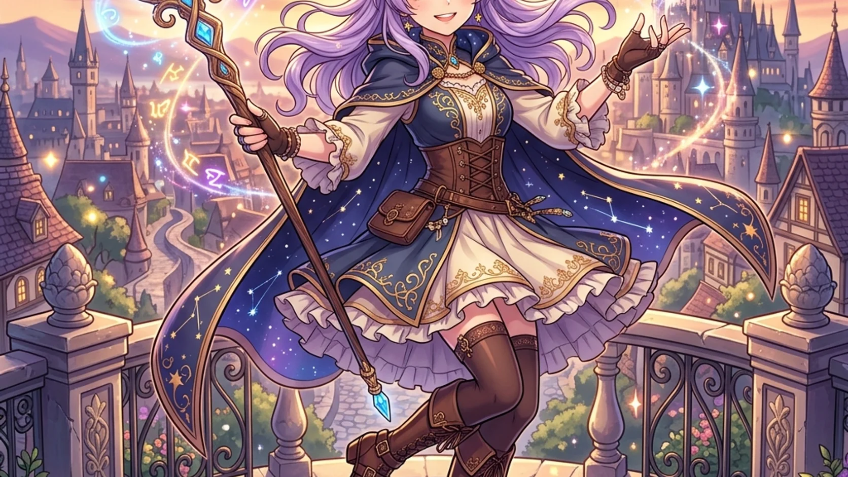 Purple-haired fantasy anime character in an ornate illuminated city.