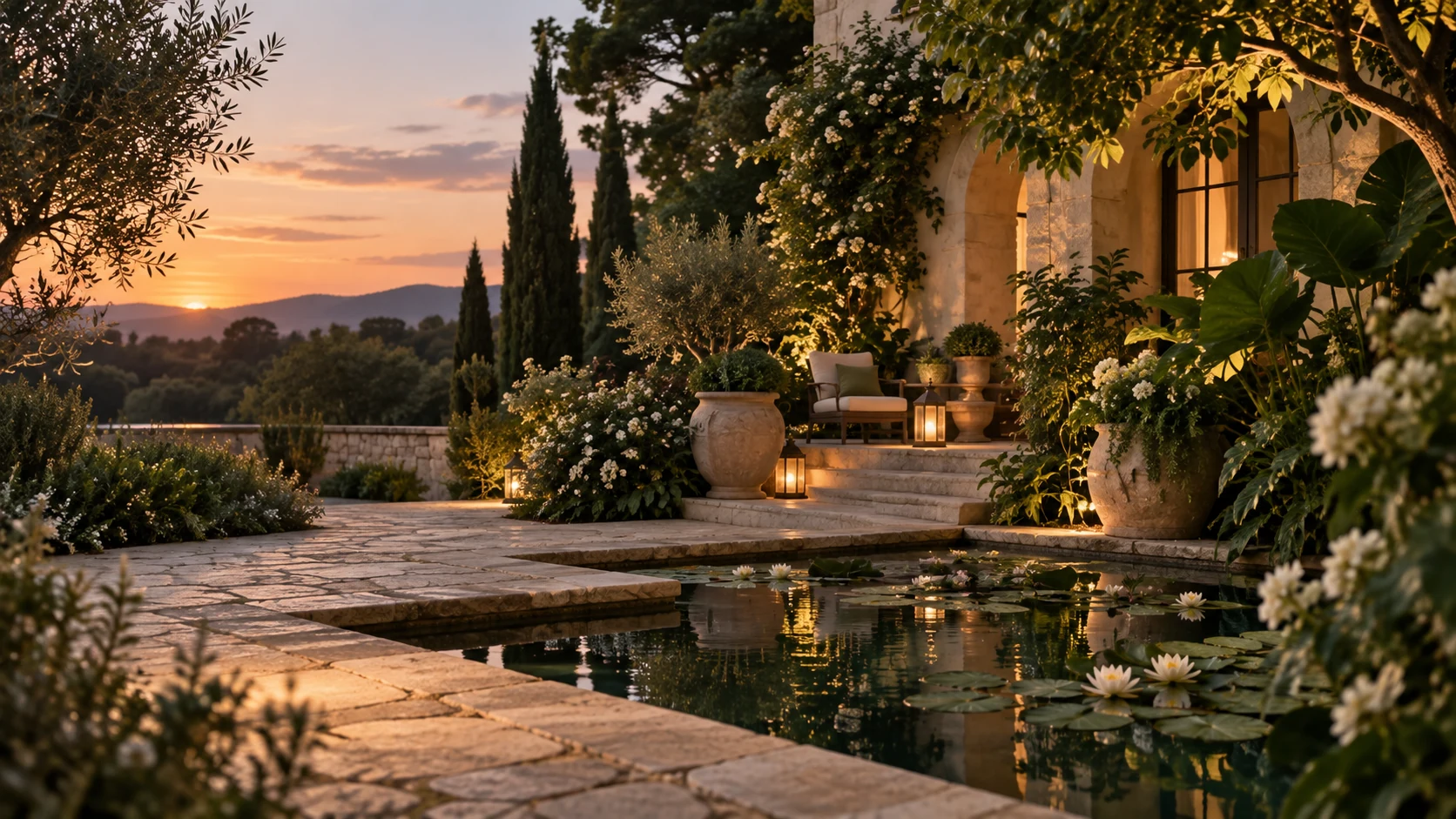 Lantern-lit garden courtyard and lily pond at sunset, with pale stone paving and distant hills on the left, dense green foliage and a warmly lit stone terrace on the right.