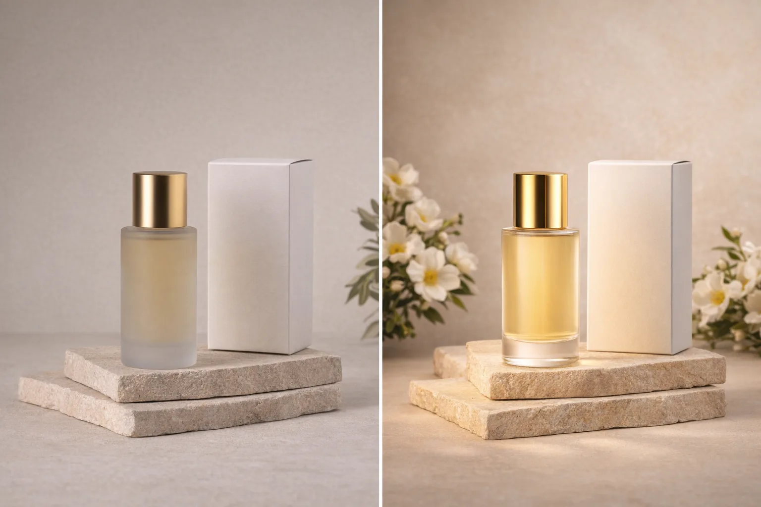 A product bottle shown before and after a background and lighting change.