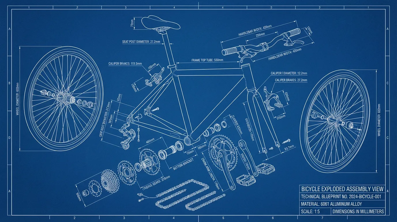 A bicycle rendered as an exploded technical drawing on a blue background.