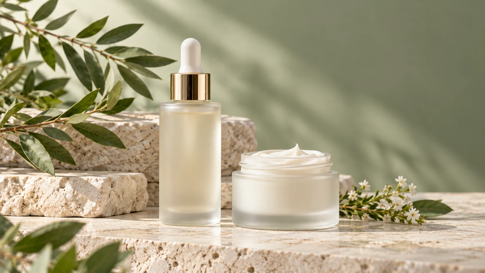 Unbranded frosted glass dropper bottle and open cream jar on ivory stone, with green leaves, small white flowers, and a sage backdrop.