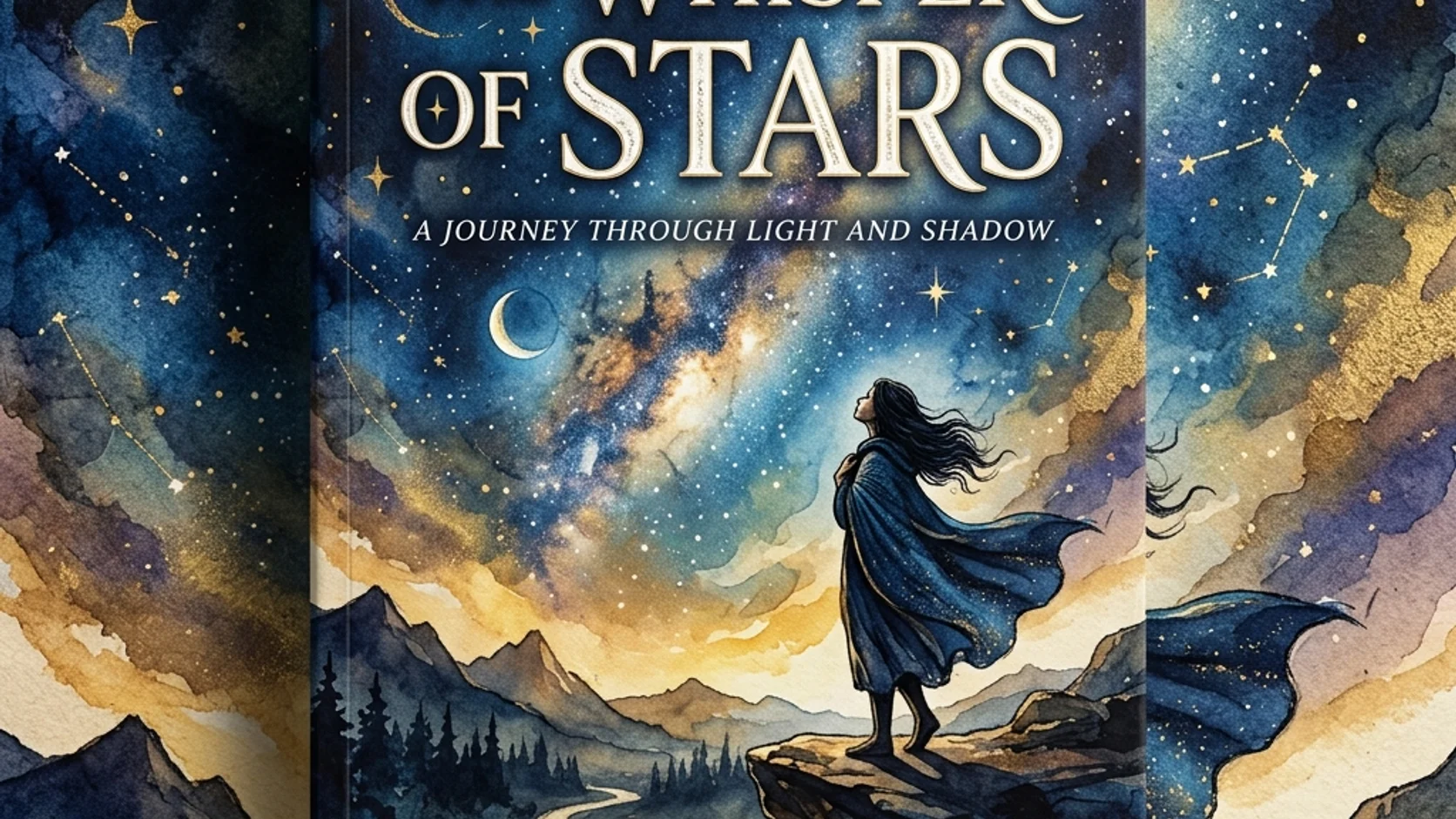 Fantasy book cover with a cloaked figure under a star-filled sky.