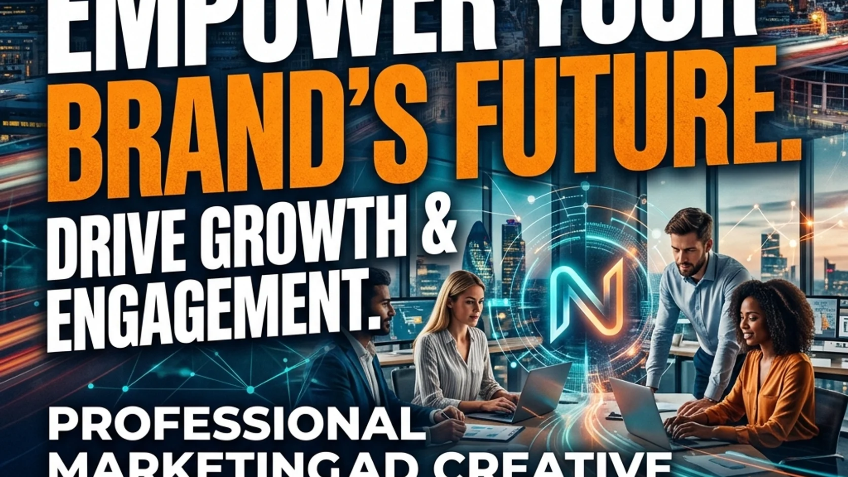 Marketing poster with bold white and yellow typography and a business scene.