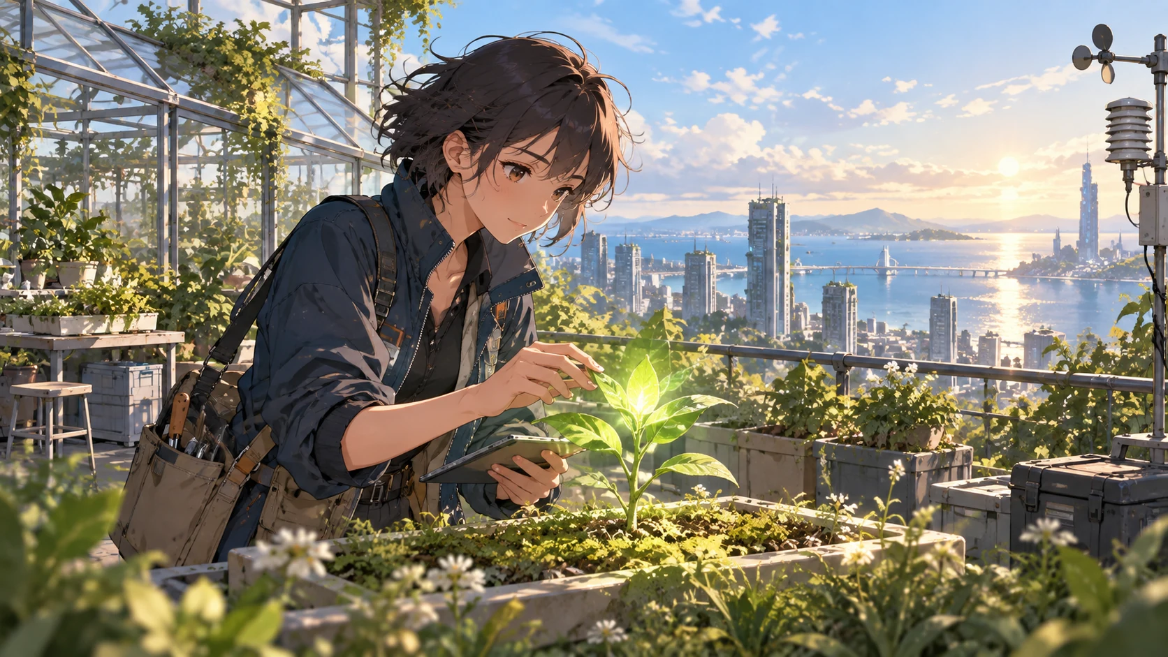 Anime botanist in a navy jacket with a canvas tool bag examining a glowing seedling on a greenhouse rooftop above a sunlit coastal city.