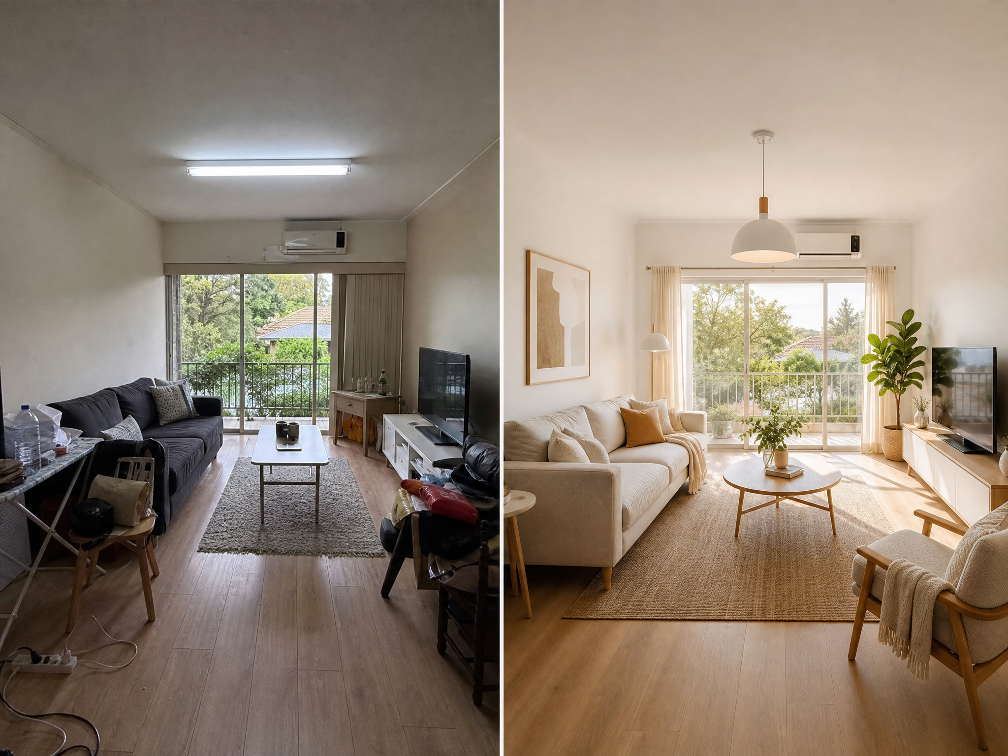 Side-by-side living room redesign with a brighter furnished interior.