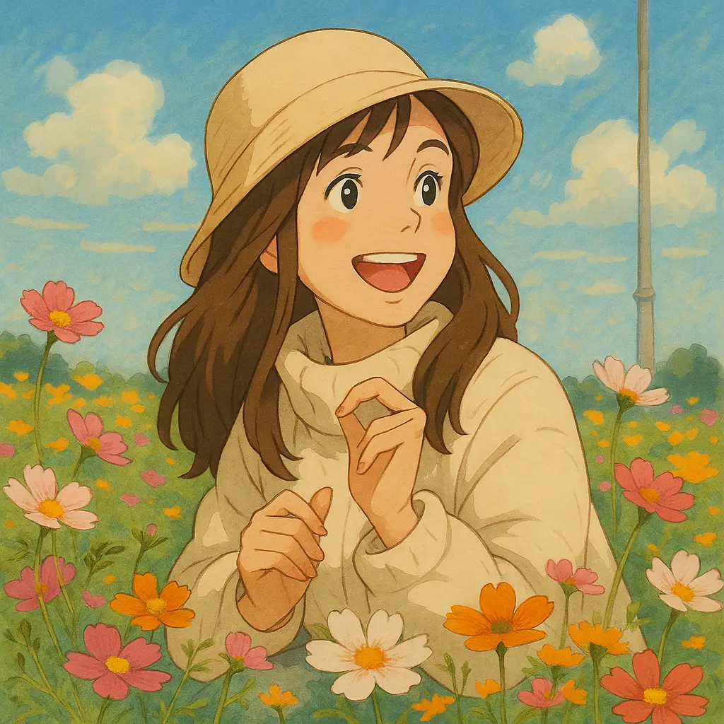 Illustrated character in a straw hat surrounded by flowers.
