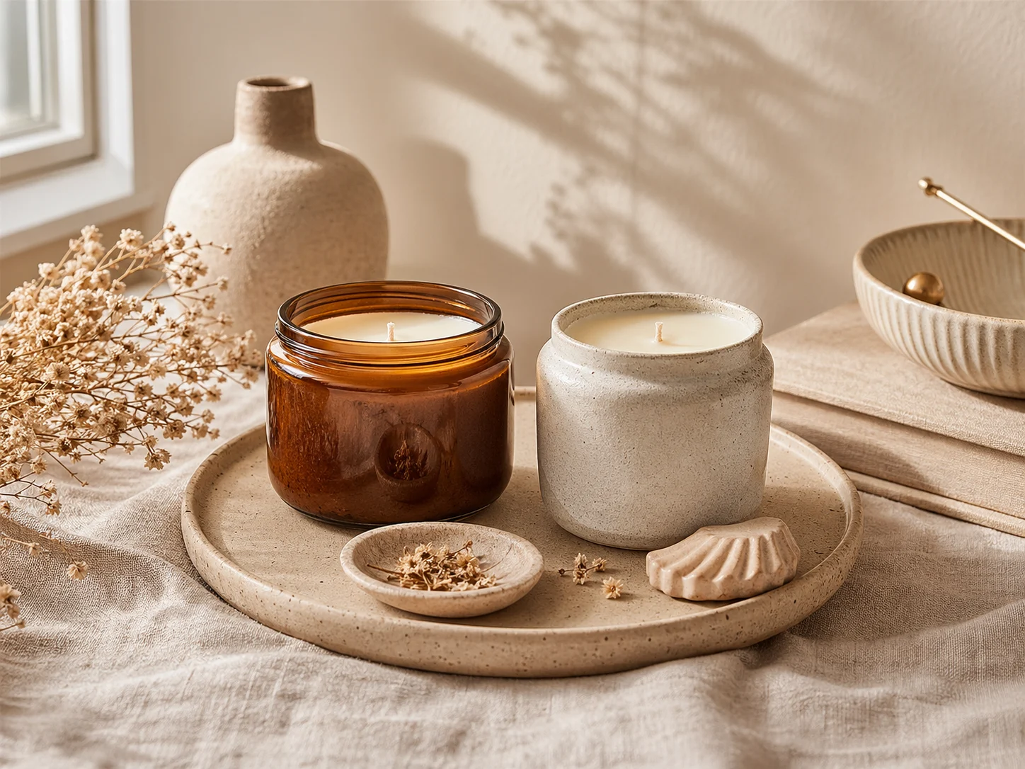 Candles and ceramic accessories on a softly lit tabletop.
