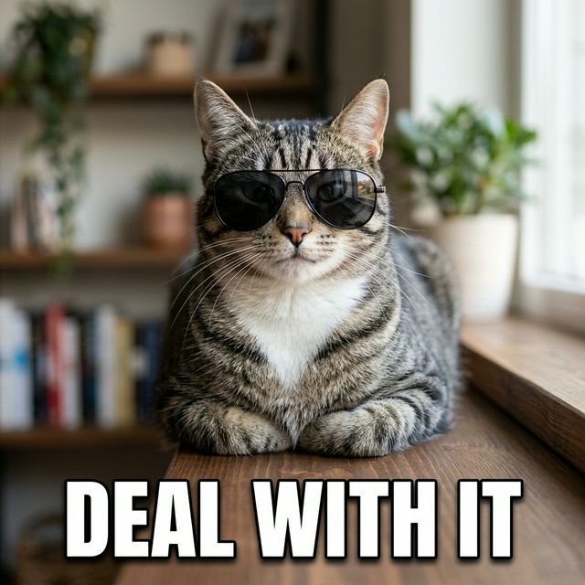 Cat meme with sunglasses and the text DEAL WITH IT.