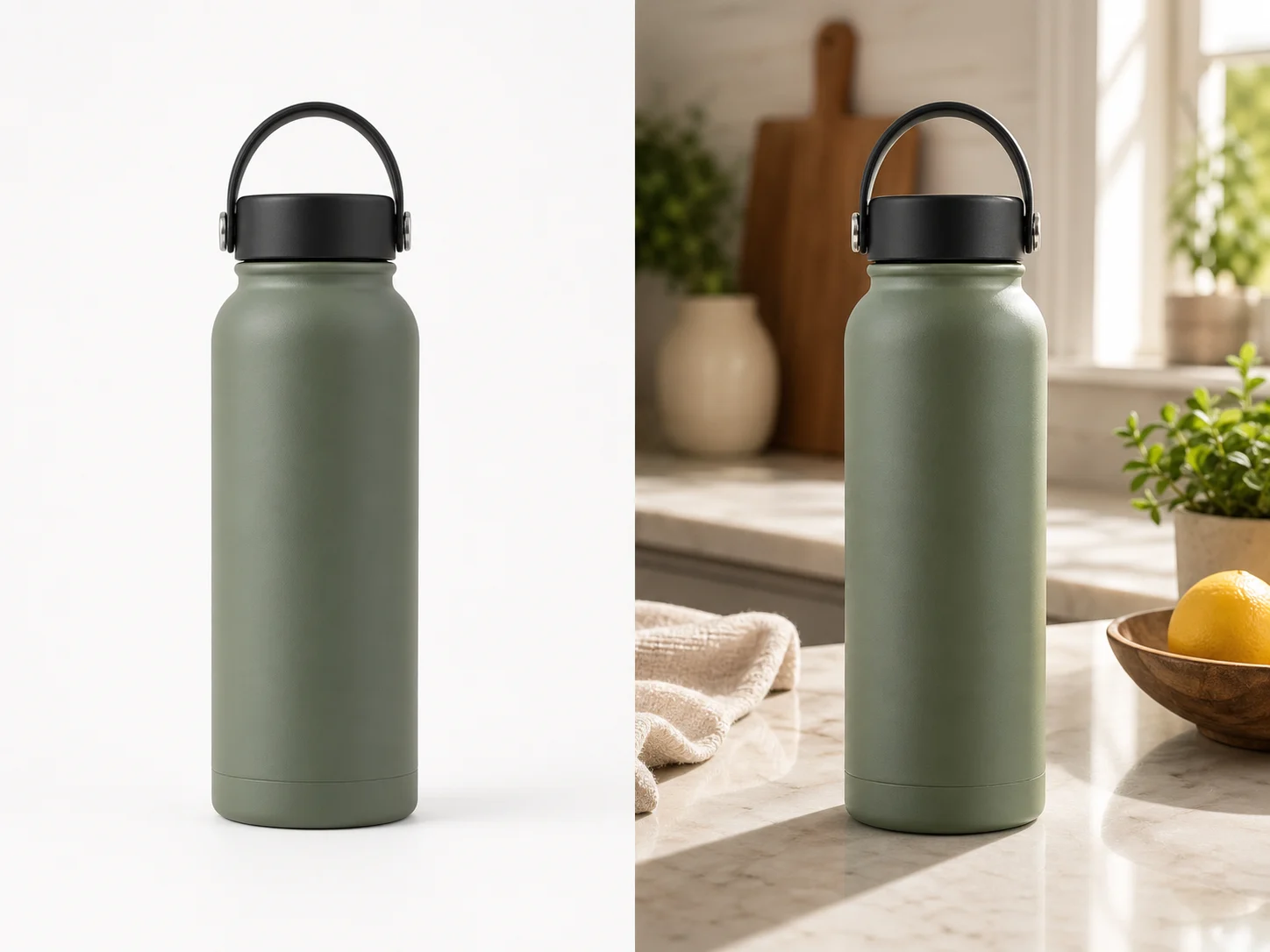 A reusable bottle shown on a plain background and in a lifestyle setting.
