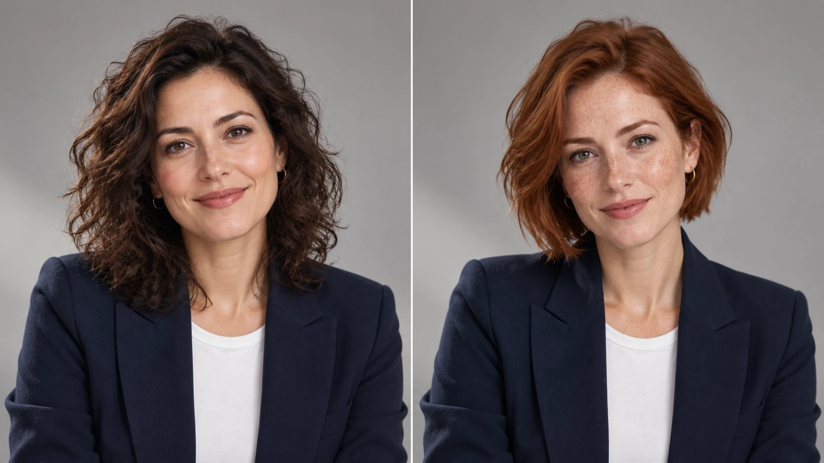 Side-by-side portraits of two fictional adult women in matching navy blazers and white tops against gray: dark brown curls and brown eyes on the left; short auburn hair, green eyes, and freckles on the right.