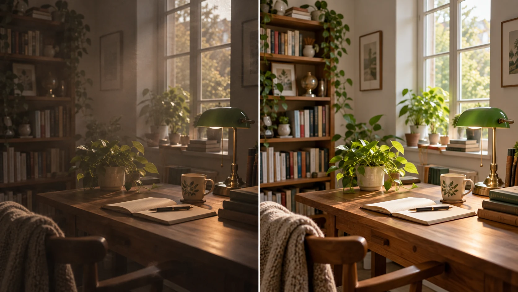 A cozy study shown dim and hazy on the left and bright and clear on the right, with a wooden desk, green lamp, ceramic mug, books, and plants by the window.