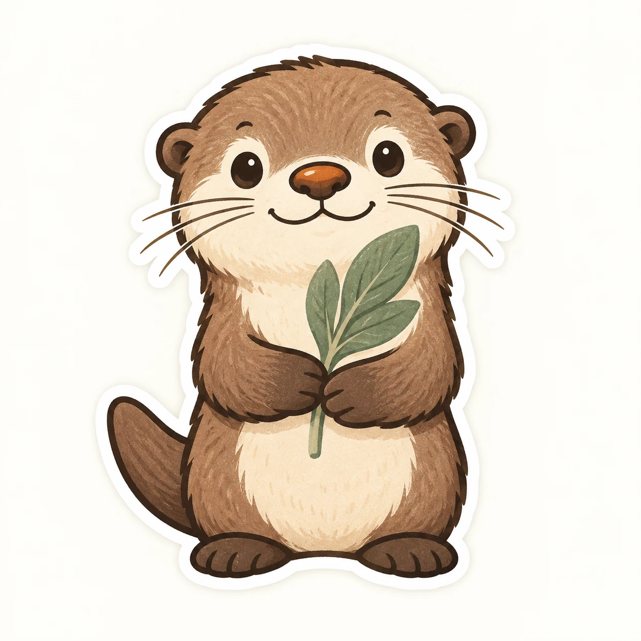 Smiling brown otter mascot with a cream face and belly, holding a sage-green leafy sprig, with dark outlines and a white sticker border on warm white.