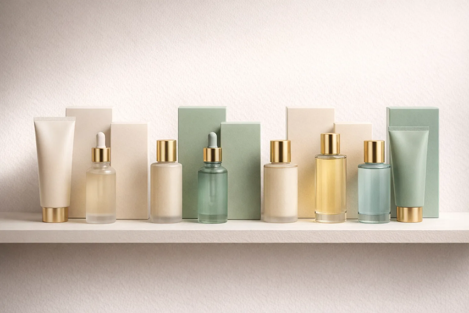 A coordinated lineup of cosmetic bottles and packaging in muted colors.