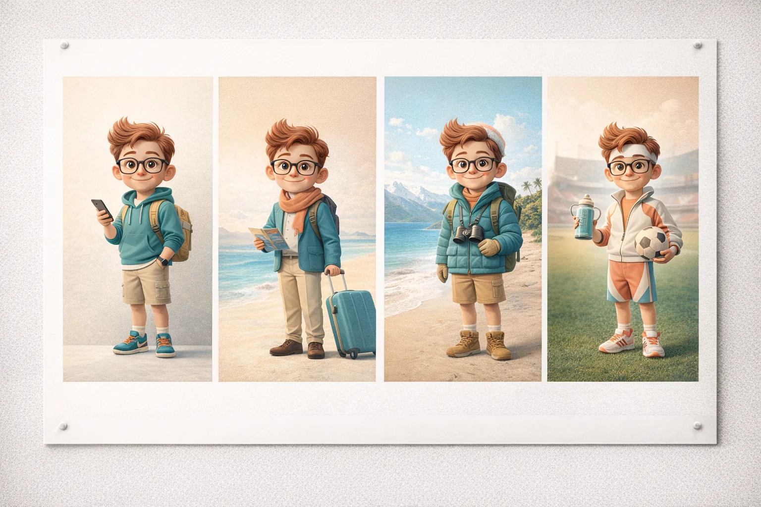 A stylized character presented in four coordinated figurine concepts.