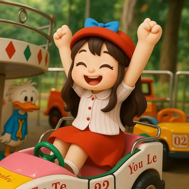 A stylized three-dimensional character riding in a small car.