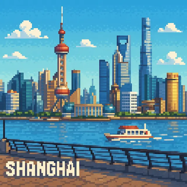 Pixel-art city skyline with a waterfront and a limited color palette.
