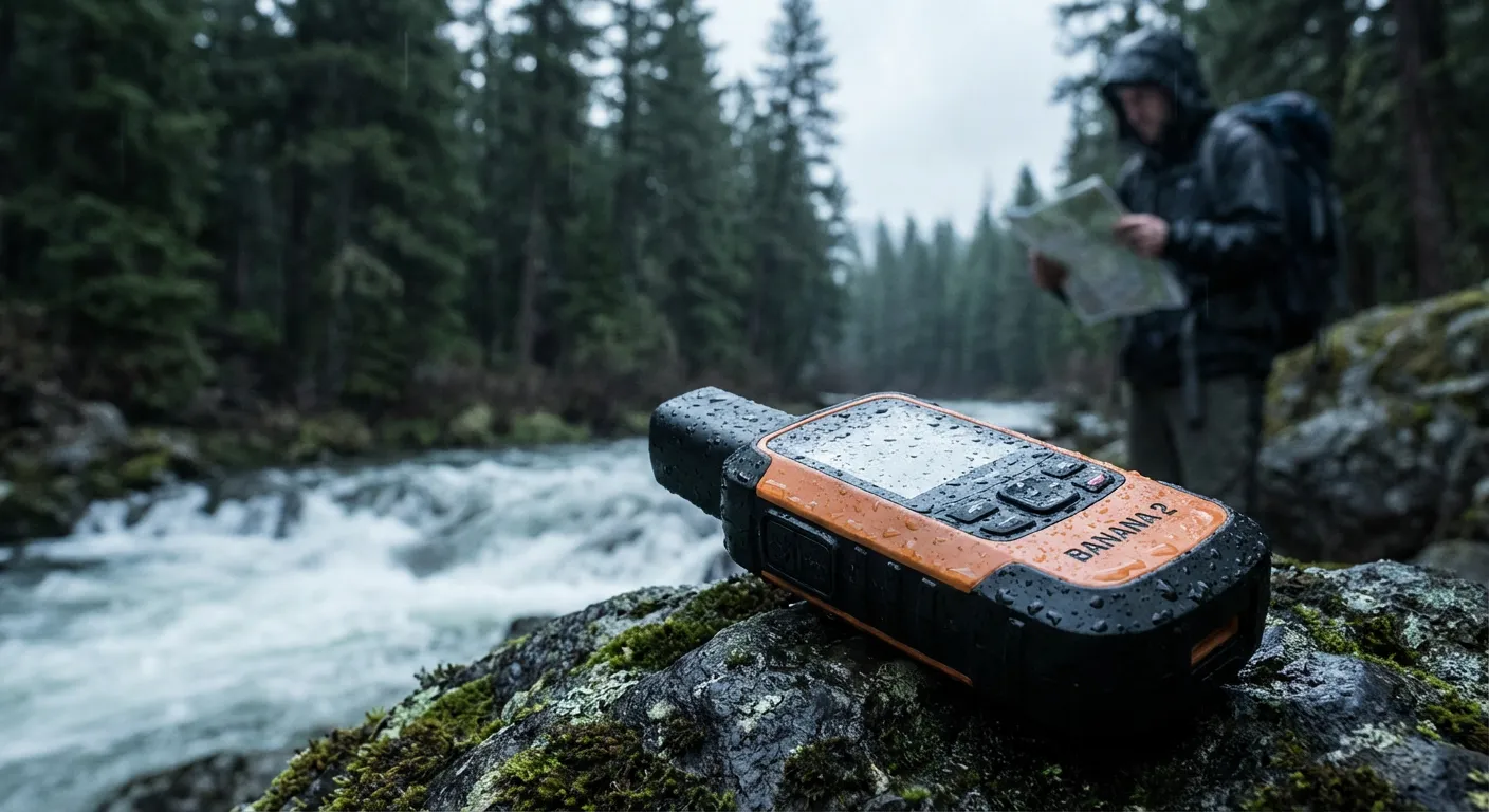 Outdoor product photography of an orange device beside a forest stream.