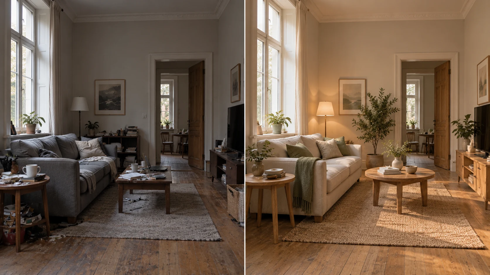 Side-by-side living room concepts with a tall left window and rear doorway: a dim gray sofa and cluttered tables on the left; cream seating, green textiles, light wood and warm lighting on the right.