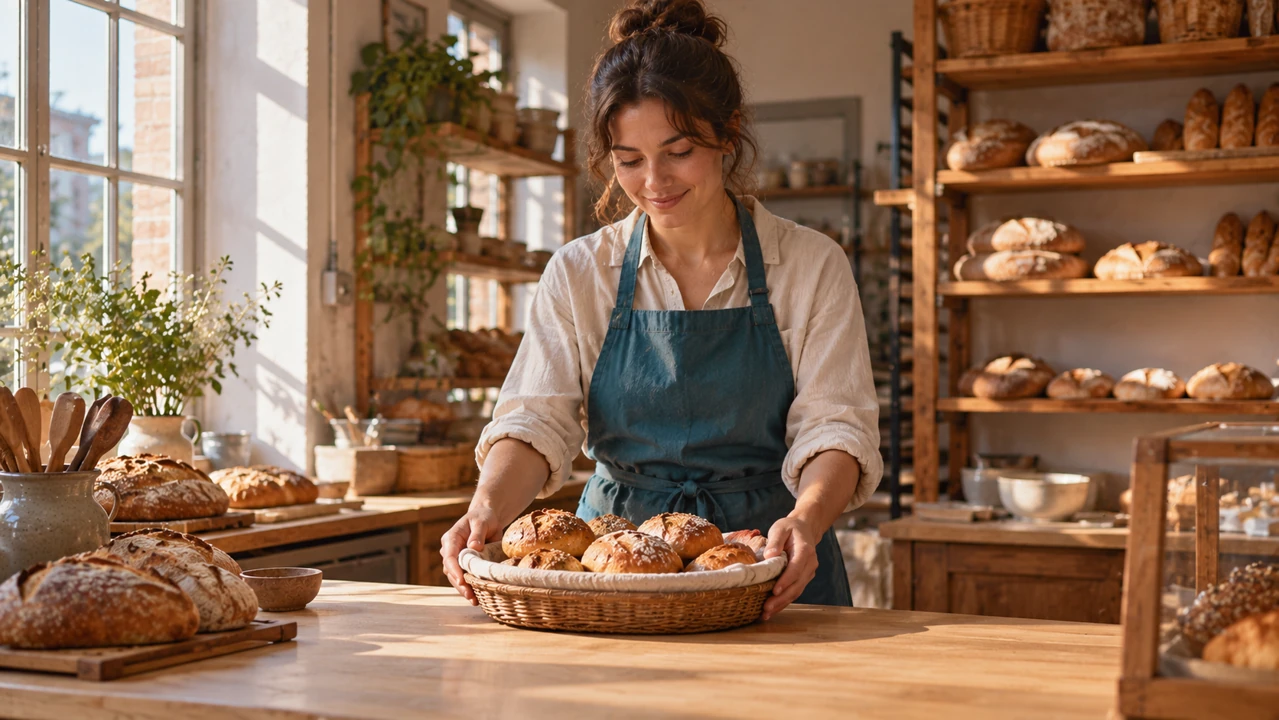 A baker in a teal apron places a basket of bread rolls on a warmly lit wooden counter.