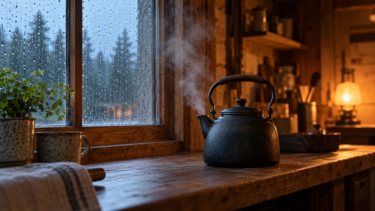 Steam rises from a dark kettle beside a rain-speckled cabin window, with a warm lamp in the background.