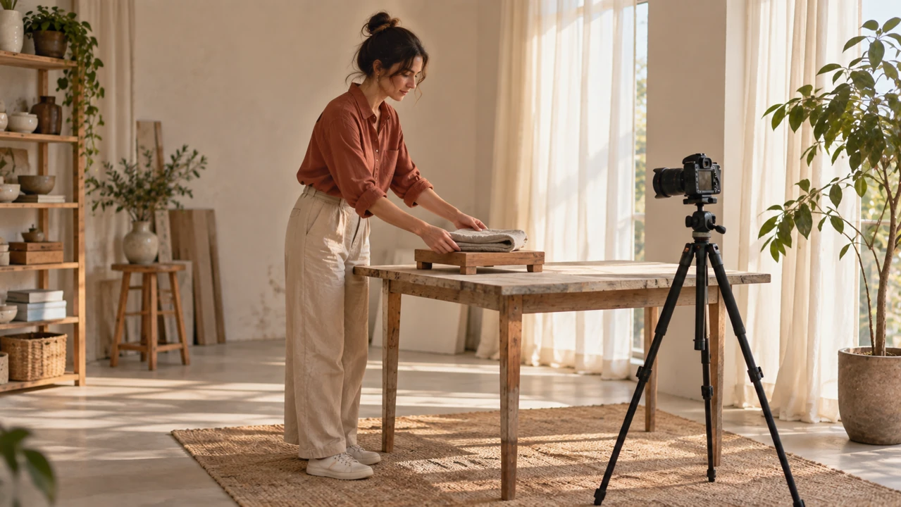 A creator prepares a linen item on a small platform in front of a tripod-mounted camera.