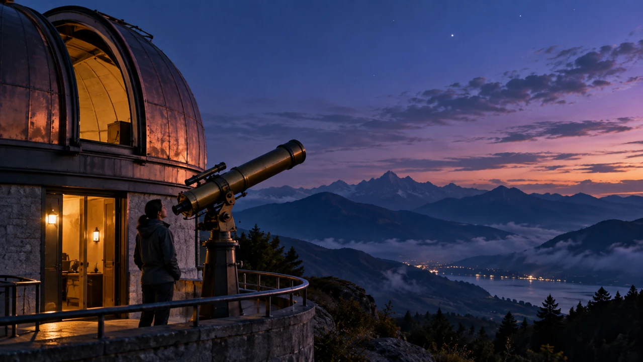 Mountain observatory at dusk, with a brass telescope, a fictional researcher, and warm light against indigo peaks.