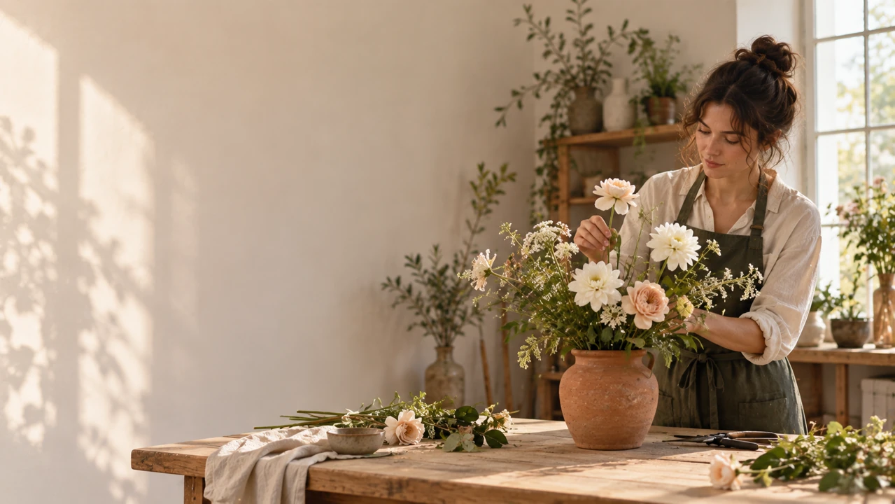 A florist arranges pale flowers on the right of a studio table, with quiet open space on the left.
