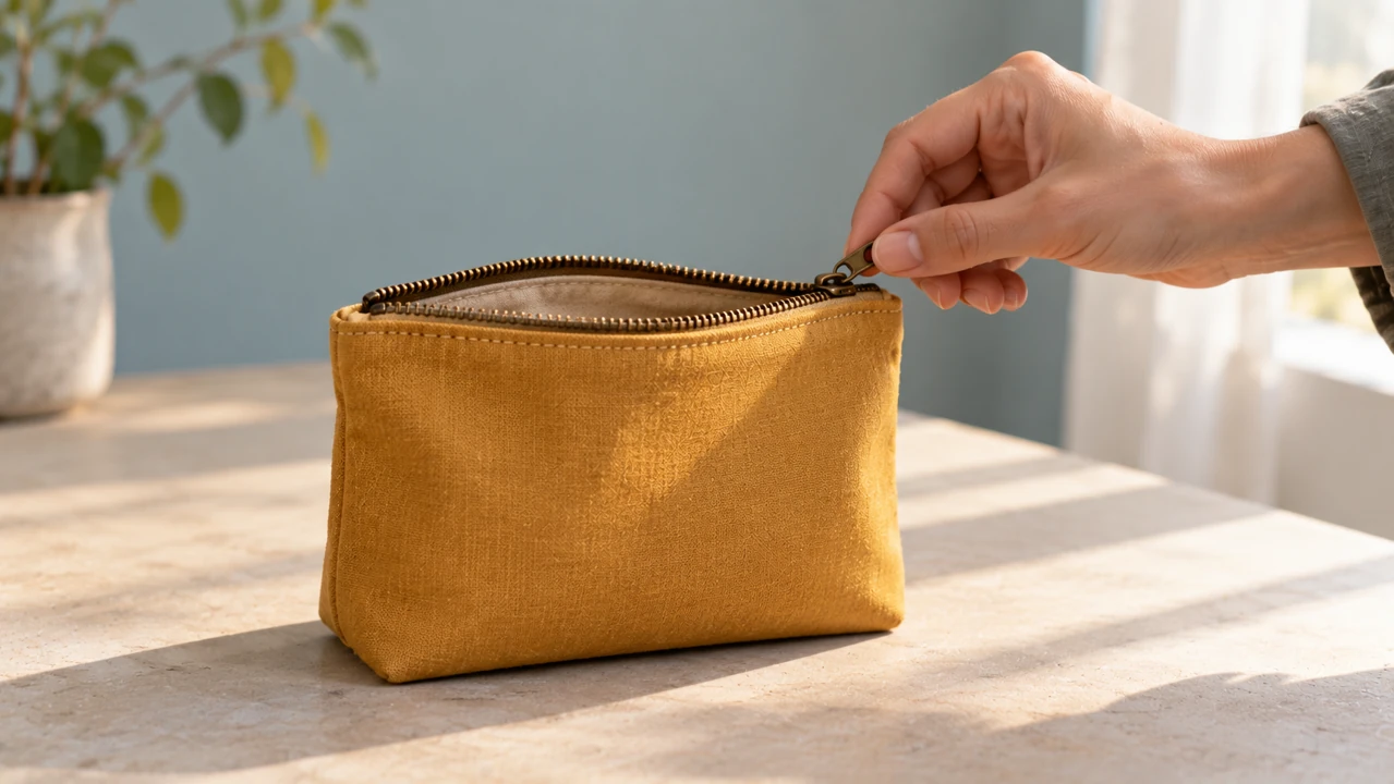 A hand holds the zipper of a mustard fabric pouch, showing its stitching and partly opened top.