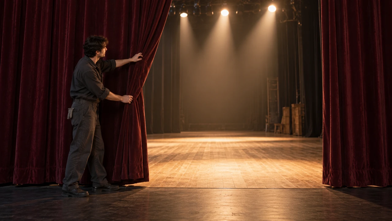 A stagehand draws a burgundy curtain aside to reveal a softly lit empty wooden stage.