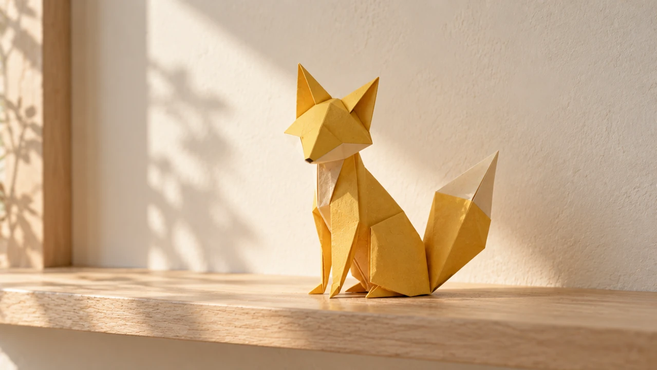 An original yellow folded-paper fox stands alone on a pale shelf with its ears and tail fully visible.