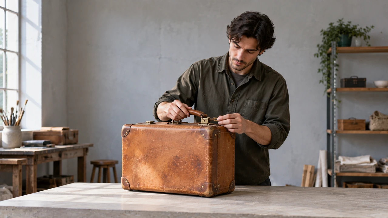A prop assistant checks the buckle and handle of a worn tan leather suitcase on a worktable.