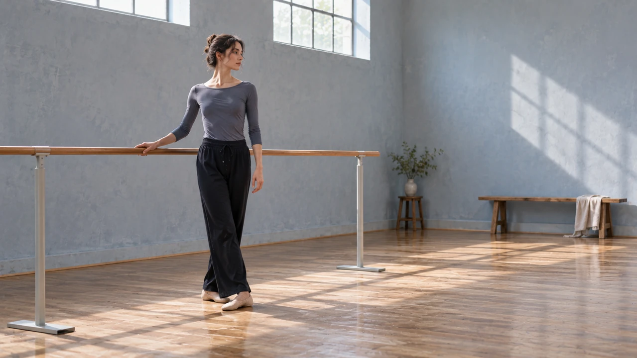 An adult dancer rests one hand on a rehearsal barre, with clear space around the full figure.