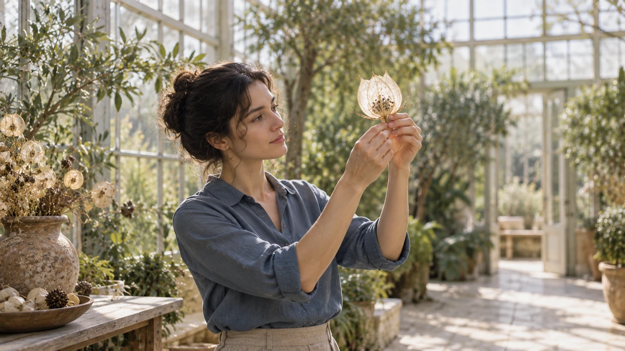 A seed collector holds a translucent seed pod toward daylight in a softly blurred conservatory.