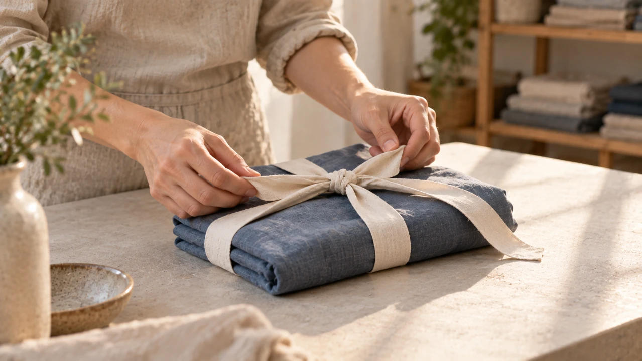 Two hands finish a cloth ribbon knot around a folded slate-blue fabric bundle on a clear tabletop.