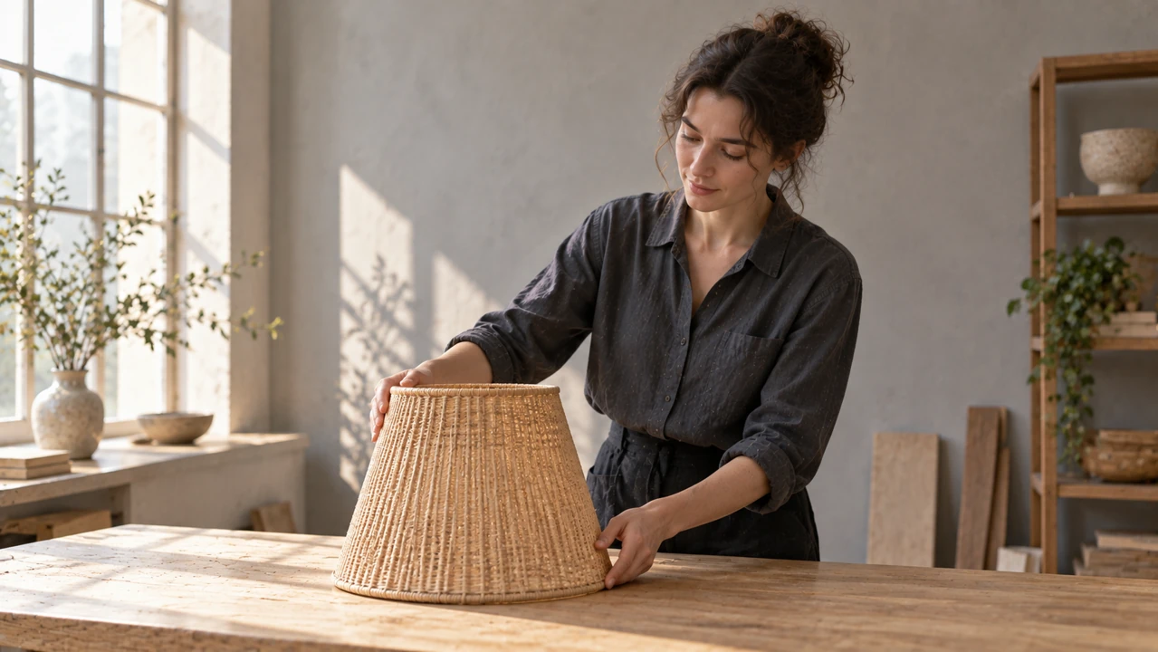 A designer sets a finished natural woven lampshade upright on a clear table in soft window light.