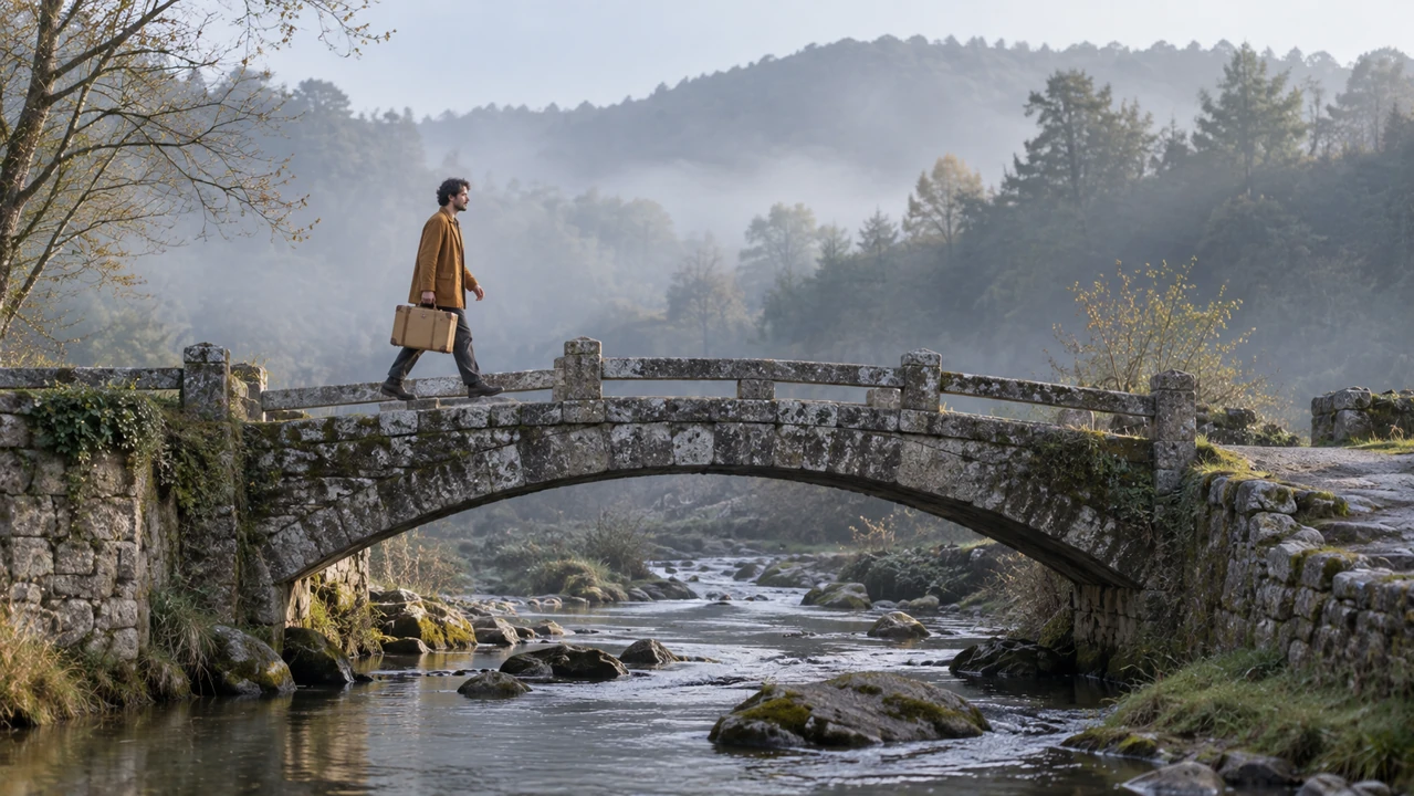 An adult traveler with a tan suitcase crosses a stone footbridge toward a clearly visible far bank.