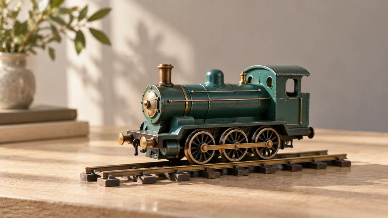 A teal mechanical toy locomotive rests on a short track, with its wheels and rail contact clearly visible.