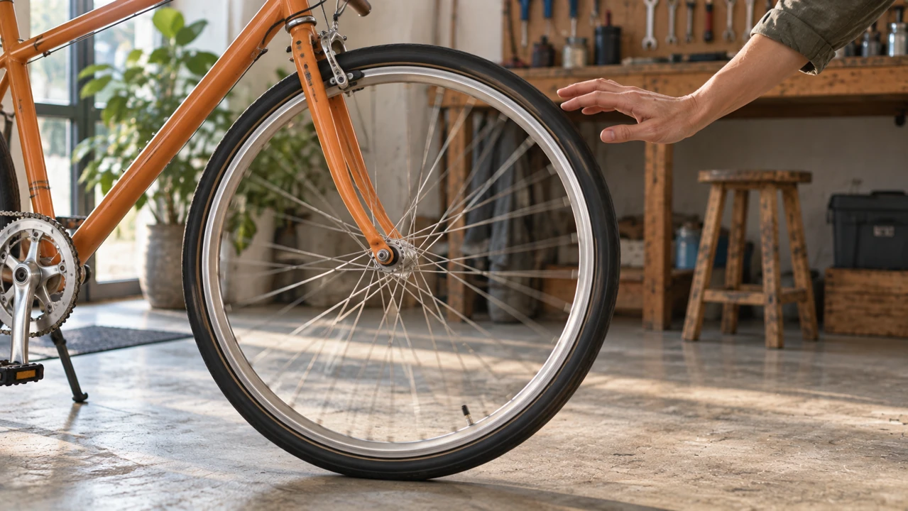 An adult hand moves clear of an orange bicycle wheel after a gentle spin in a quiet workshop.