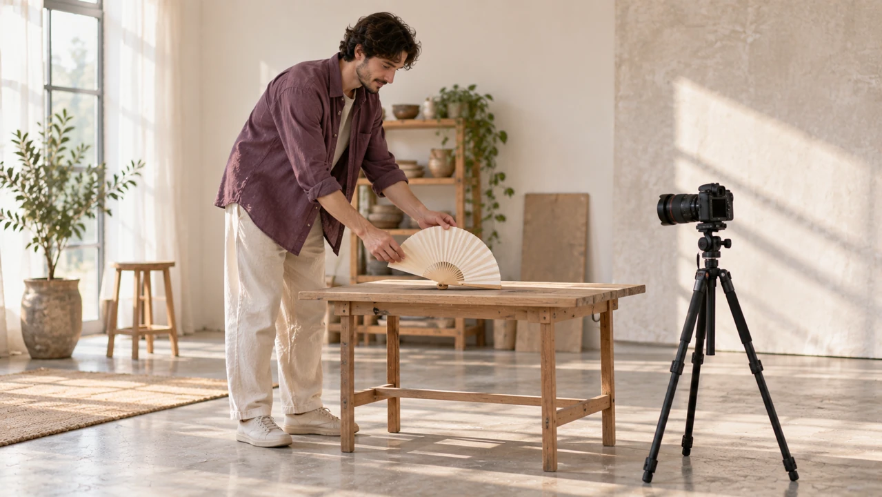 A creator prepares a plain folding fan beside a tripod-mounted camera in a bright studio.