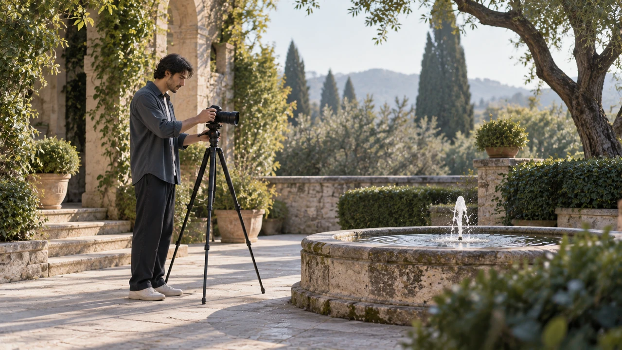 A filmmaker prepares a tripod-mounted camera beside a small stone fountain on a quiet garden terrace.