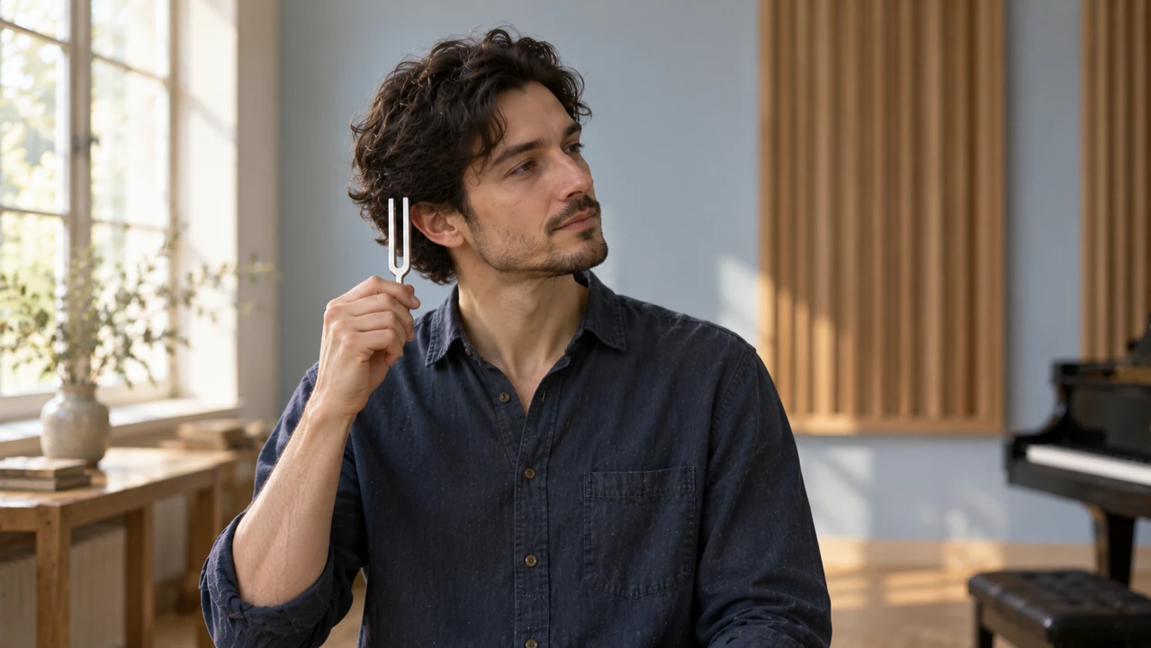 An adult musician holds a plain silver tuning fork near one ear in a quiet softly lit room.