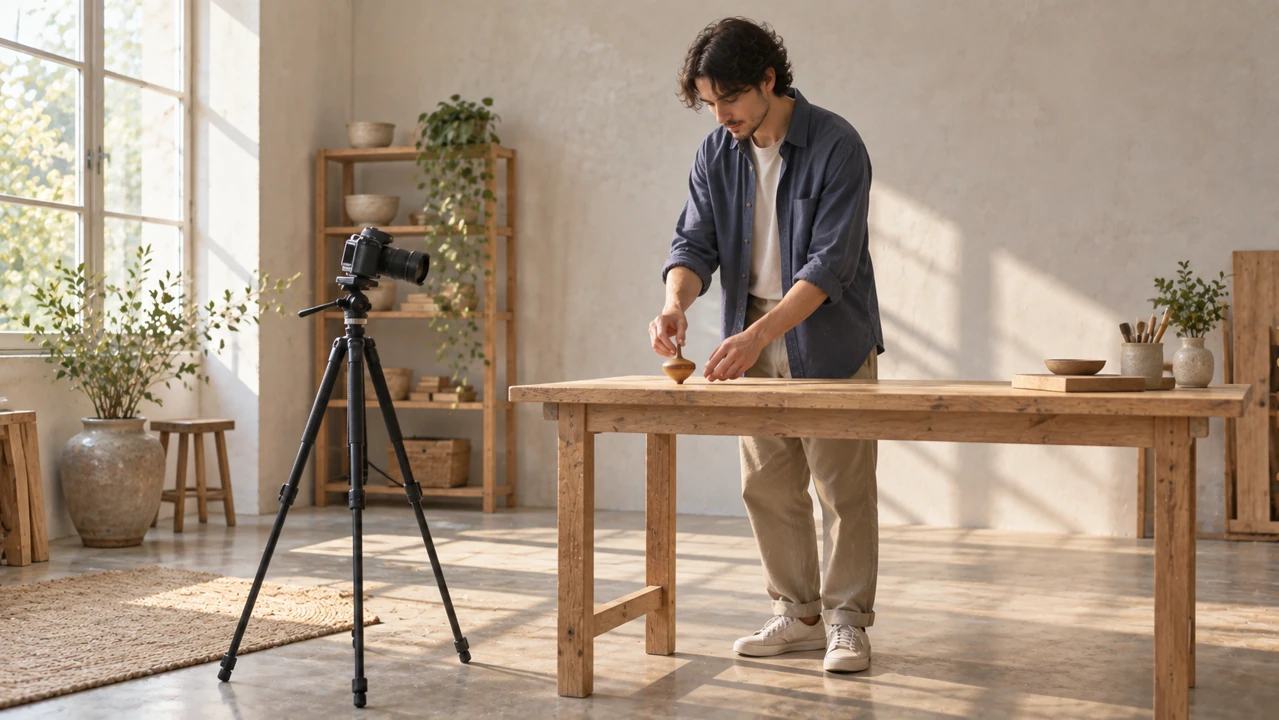 A creator prepares a wooden spinning top on a table while an unbranded tripod-mounted camera faces the setup.