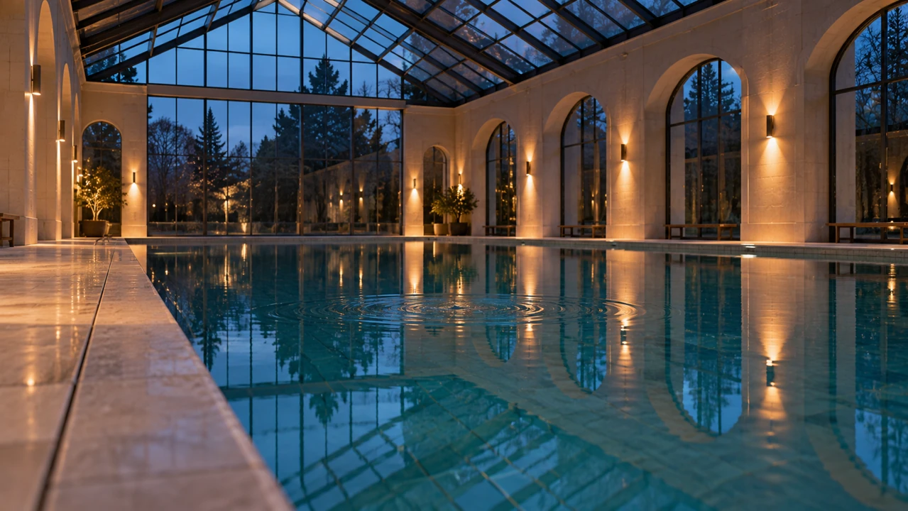 A small ripple spreads across an empty indoor pool beneath cool skylight and warm wall reflections.