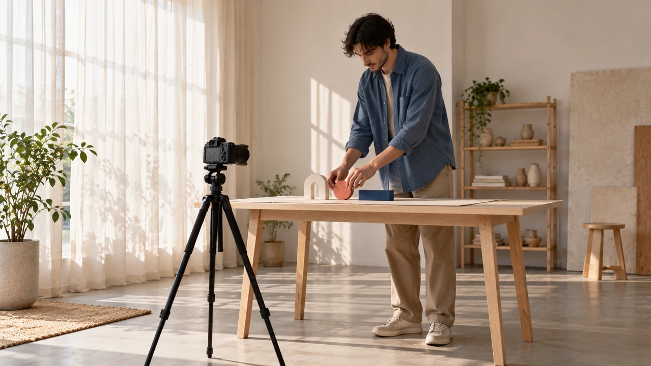 A fictional adult creator prepares paper forms beside a tripod-mounted camera in a bright home studio.