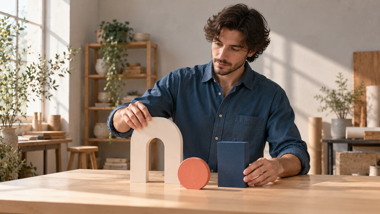 A fictional adult paper designer arranges cream, coral, and blue cardstock forms on a maple studio table.