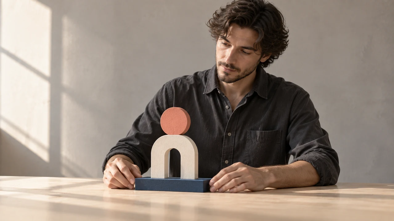 A fictional adult designer examines a finished cream, coral, and blue wooden assemblage on a clear table.