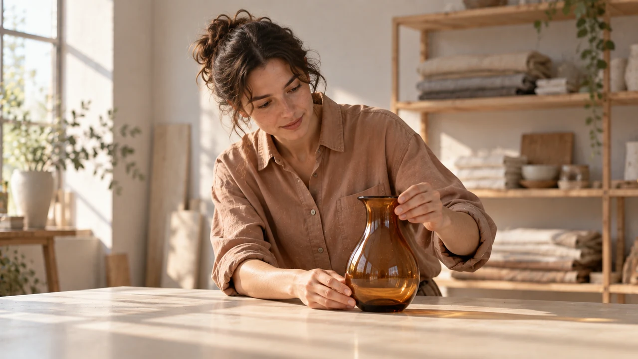 A fictional adult maker positions an unbranded amber glass vase in soft studio window light.