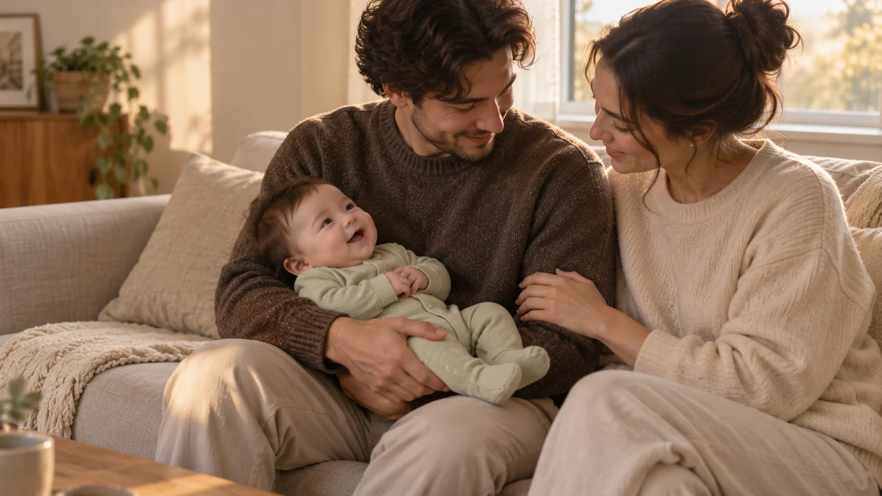 Two fictional adults sit together on a sofa while one cradles a fully dressed baby.
