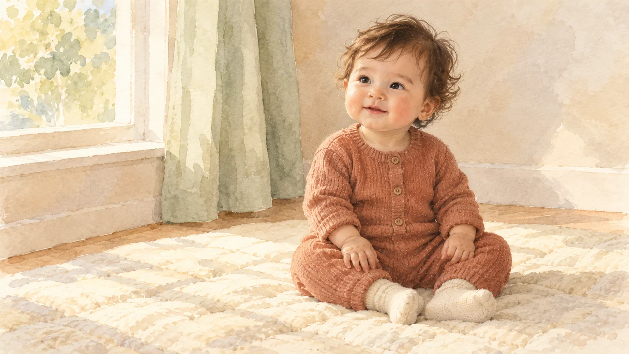 Watercolor illustration of a fictional baby in a terracotta outfit sitting on an ivory quilt.